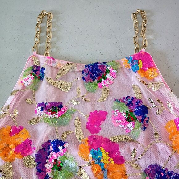 Colorful Sequin Floral Chain Strap Mini Dress Y2K Party - Juniors Small - Picture 4 of 12